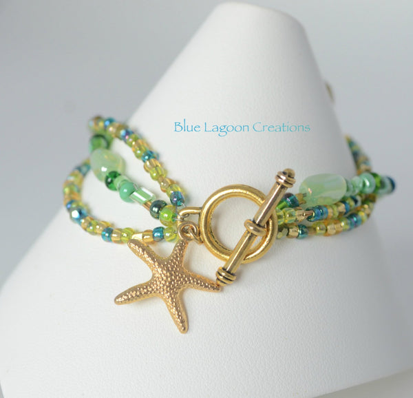 Green and Gold Three Strand Starfish Bracelet