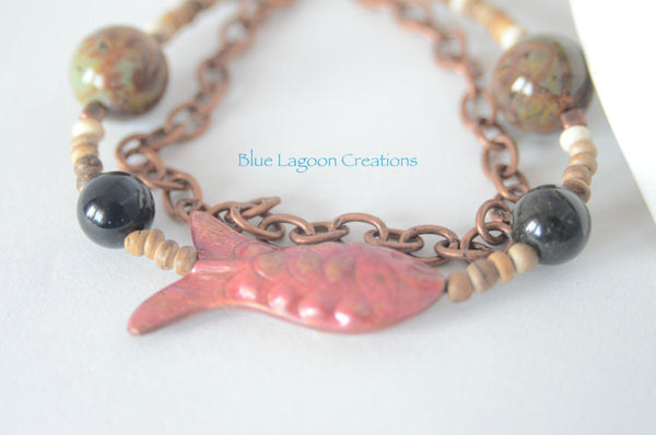 Copper and Stone Bead Fish Bracelet