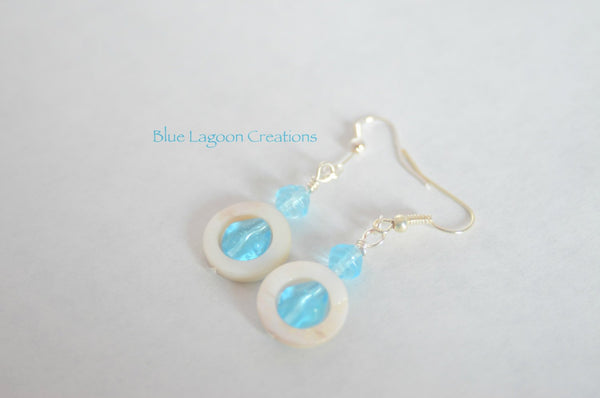 Blue Glass and Shell Bead Earrings
