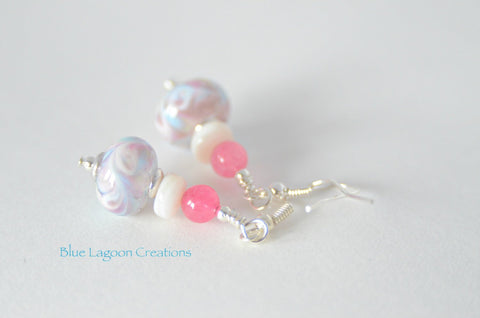 Pink and Blue Lampwork  and Shell Bead Earrings