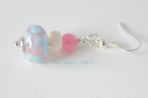 Pink and Blue Lampwork  and Shell Bead Earrings