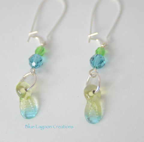 Blue and Green Glass and Crystal Earrings