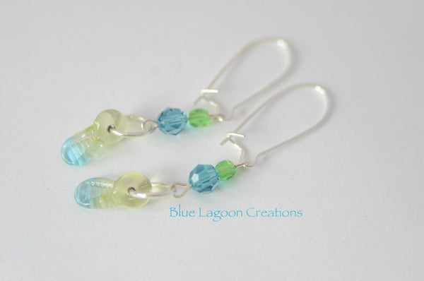 Blue and Green Glass and Crystal Earrings