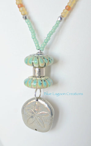 Green Lampwork Bead Necklace with Sterling Silver Sand Dollar