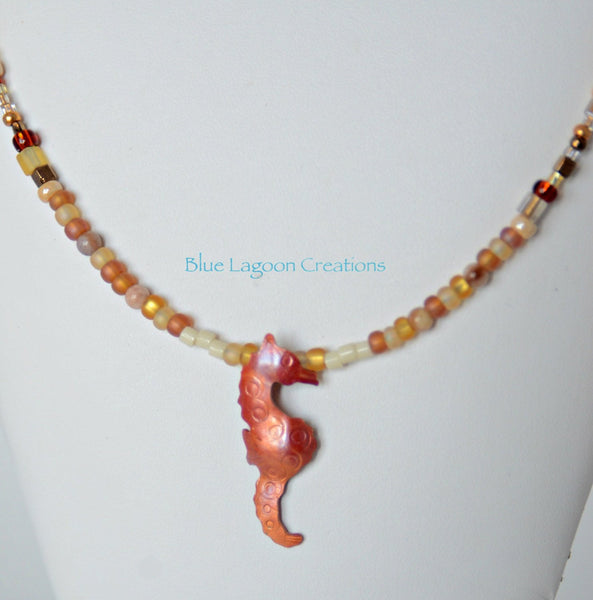 Amber Beaded Necklace with Copper Seahorse Pendant
