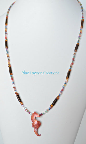 Brown Glass bead Necklace with Copper Seahorse