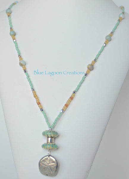 Green Lampwork Bead Necklace with Sterling Silver Sand Dollar