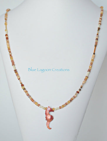 Amber Beaded Necklace with Copper Seahorse Pendant
