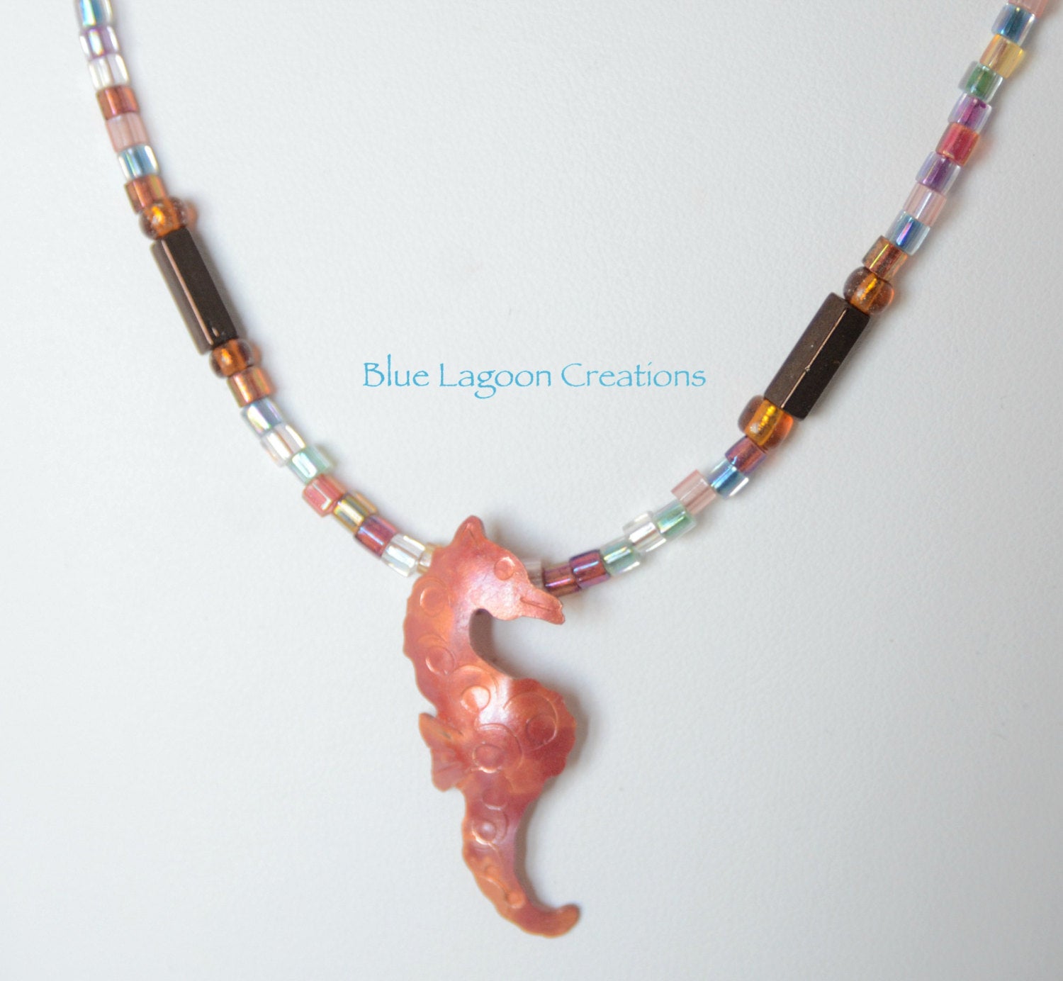 Brown Glass bead Necklace with Copper Seahorse