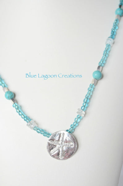 Fine Silver Starfish Pendant Necklace with Turquoise Beads