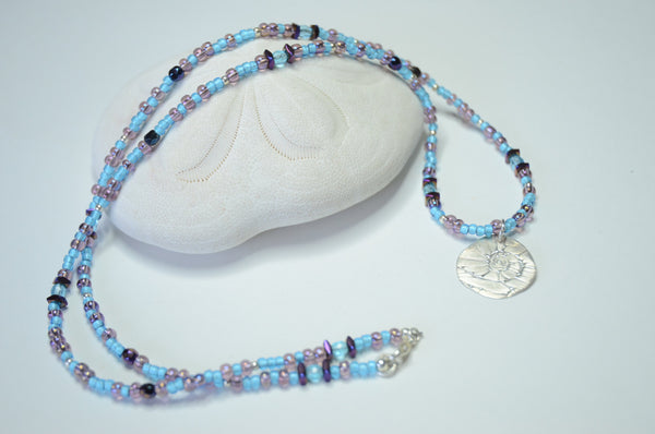 Aqua and Purple Fine Silver Sea Shell Medallion Necklace