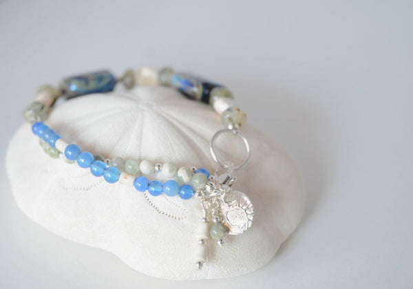 Blue and Green Lampwork Bracelet with Sterling Silver Shell Charm