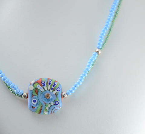 Blue & Green Round Michou Lampwork Bead Necklace