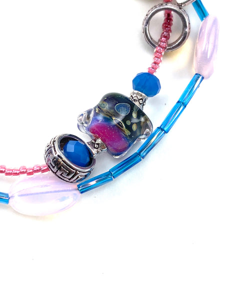 Bright Pink and Blue Two Strand Beaded Bracelet with Seashell Charm