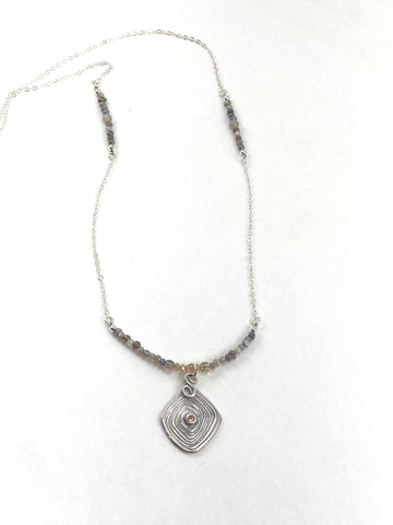 Earth tone Crystal and Agate Necklace with Sterling Pendant