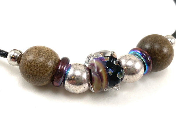 Men’s Adjustable Beaded Leather Bracelet w/ black & Purple beads