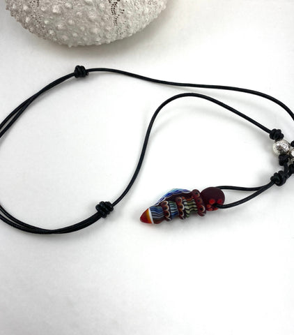 Black Leather Adjustable Necklace with Red Glass Seashell