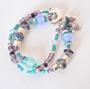 Aqua & Purple Two Strand Bracelet with Quinlan Beads
