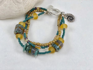 Teal and Gold Glass Bead Three Strand Ocean Bracelet
