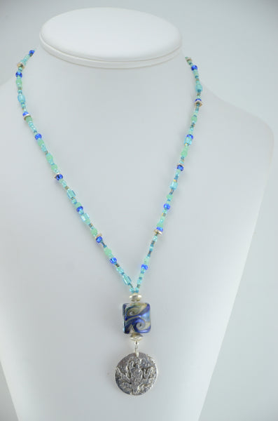 Cobalt Blue Lampwork Pendant Necklace with Silver Coral Charm