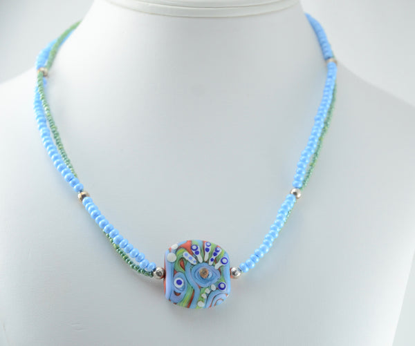Blue & Green Round Michou Lampwork Bead Necklace