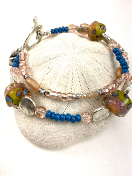 Peach and Blue Two Strand Beaded Bracelet