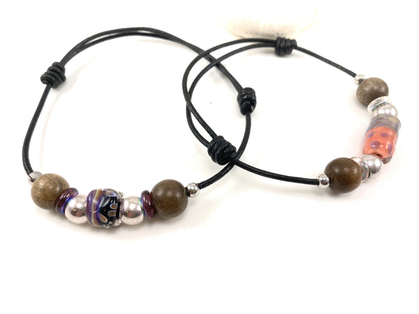 Men’s Adjustable Beaded Leather Bracelet w/ black & Purple beads