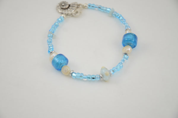 Ocean Blue Bracelet with Glass Beads, Pearls and Shell