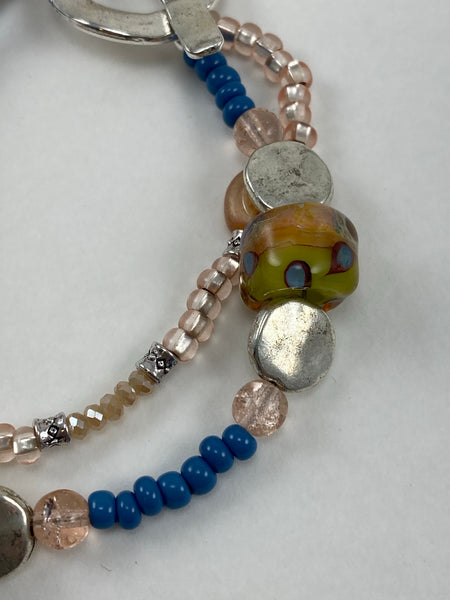 Peach and Blue Two Strand Beaded Bracelet