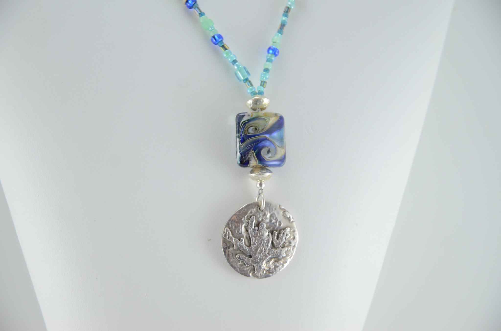 Cobalt Blue Lampwork Pendant Necklace with Silver Coral Charm