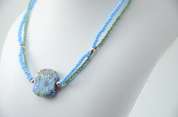 Blue & Green Round Michou Lampwork Bead Necklace