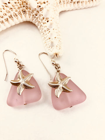 Pink Seaglass and Starfish Dangle Earrings